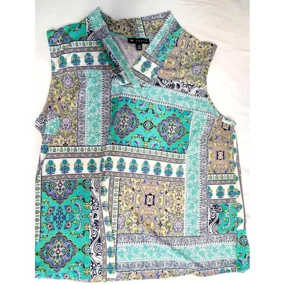 N TOUCH Teal/Purple BOHO Sleeveless V-Neck Blouse 1X - Picture 1 of 2